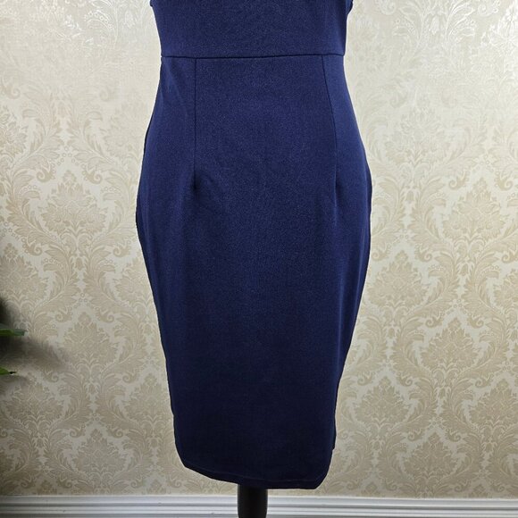 Knitee Size Small Navy Blue Sheath Dress Ruffles at Shoulders Split V Neck NWT - Picture 6 of 16